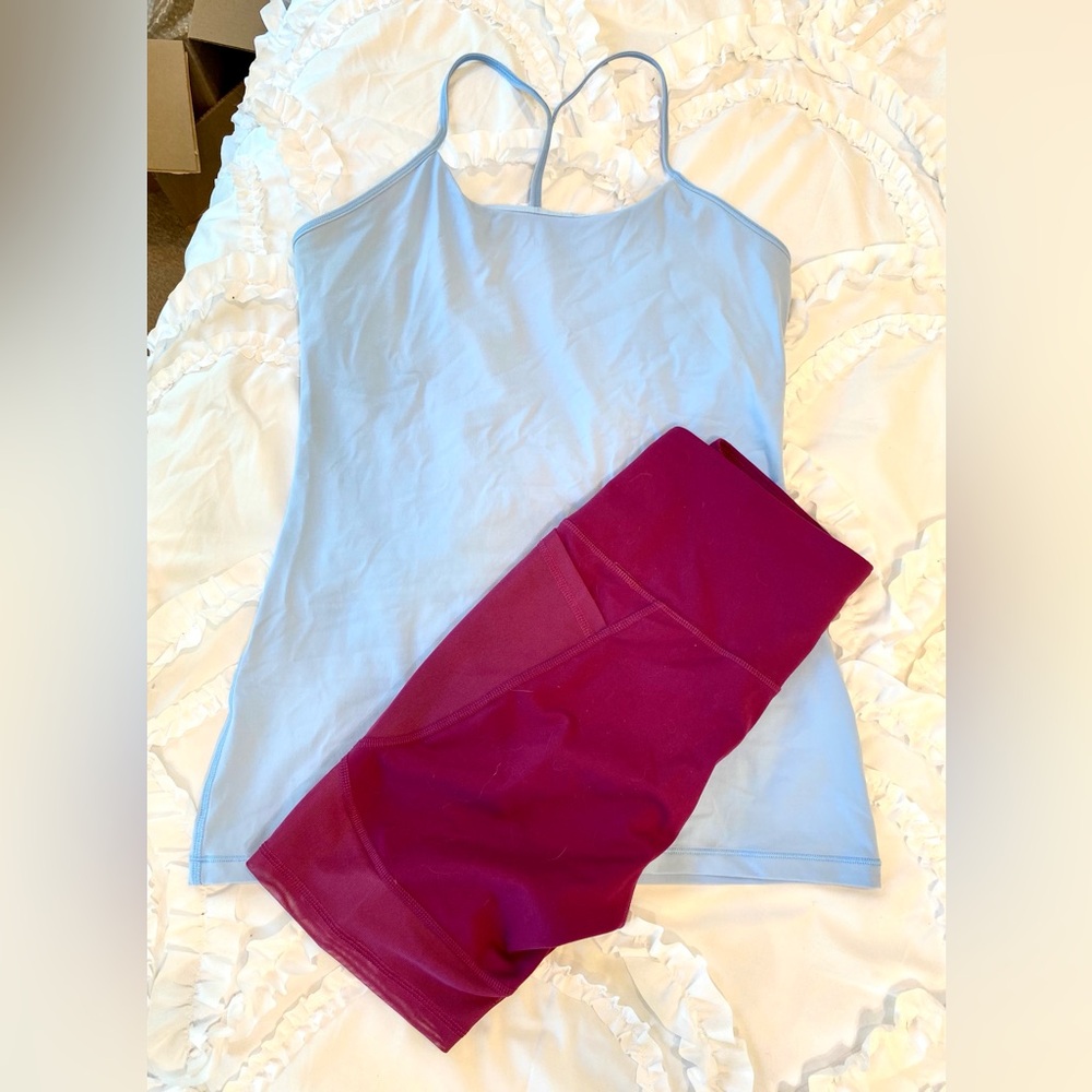 Women's Blue and Burgundy Workout Shorts and Yoga Top Set Size M
